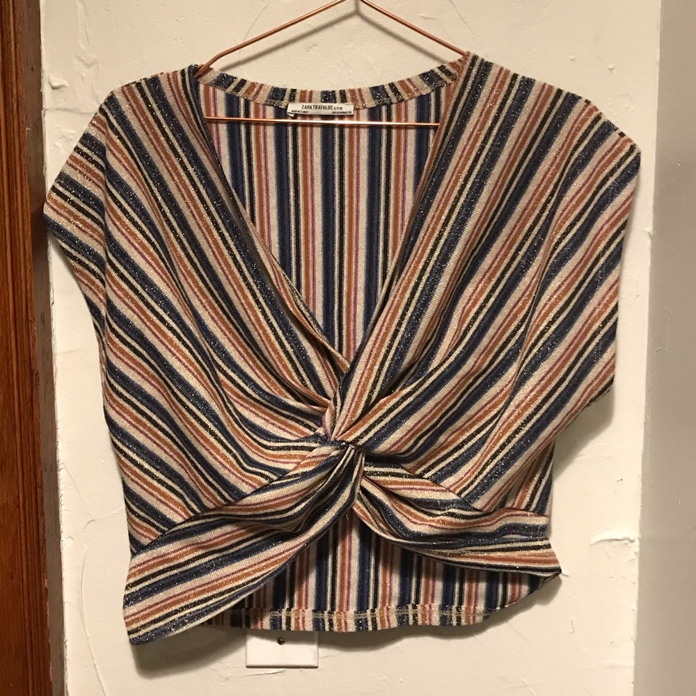 Zara Metallic Striped Twist Cropped Shirt Top 😍